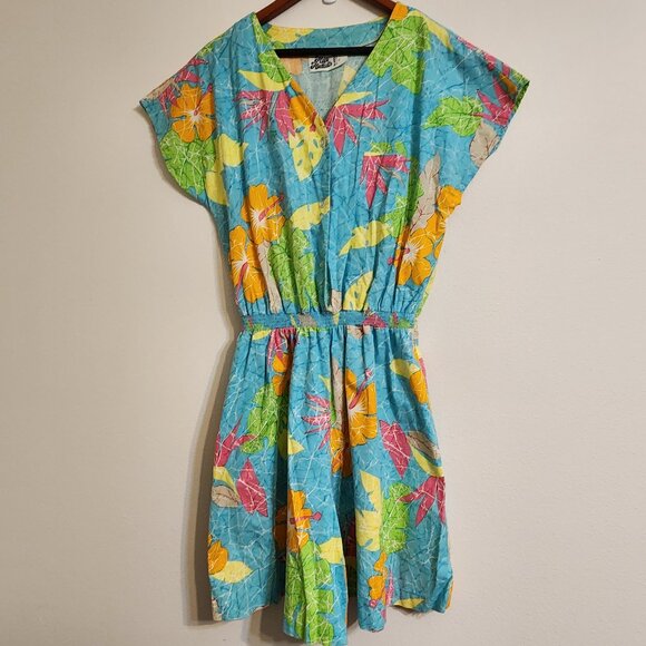 Vtg 90s Hilo Hattie Green Pink Tropical Floral Print Button Romper XL 14 Cotton